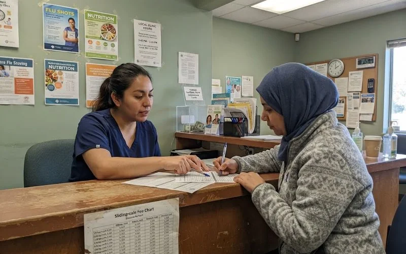 A community health clinic reception area with a sliding scale fee schedule posted
