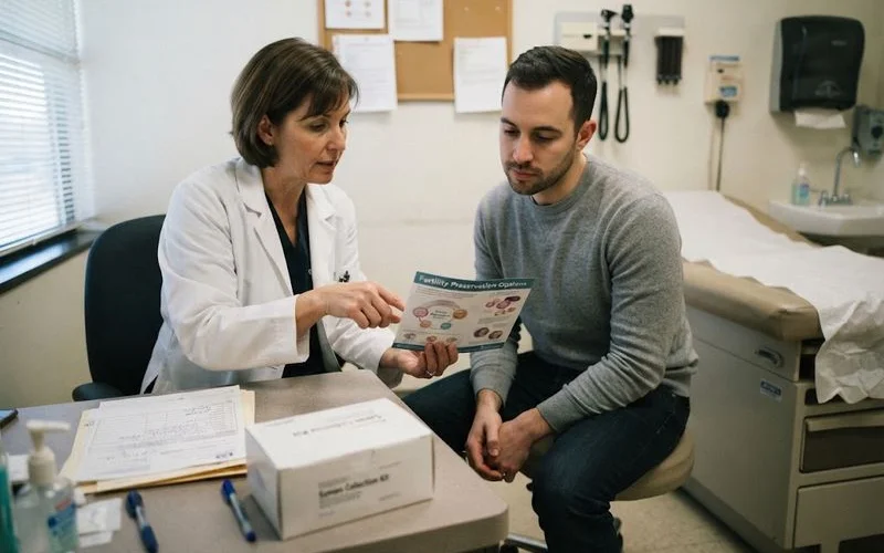 A couple reviewing fertility planning information together with a clinic brochure