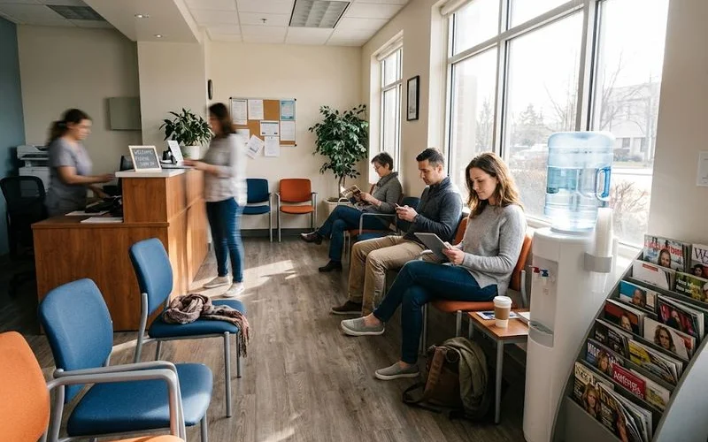 A hormone therapy clinic waiting room serving both men's and women's treatment programs