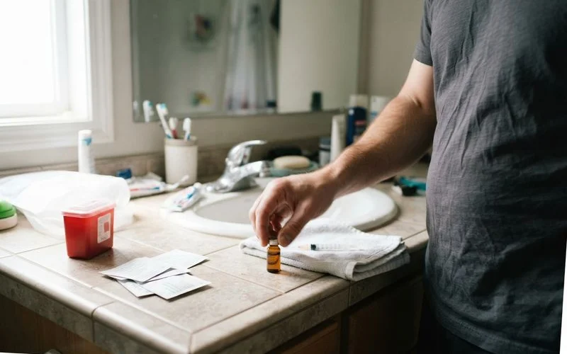 A person preparing a testosterone injection at a home kitchen counter with supplies laid out