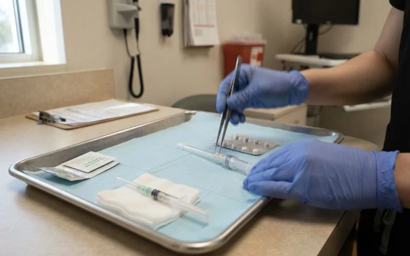 A clinician preparing hormone pellets for an in-office insertion procedure
