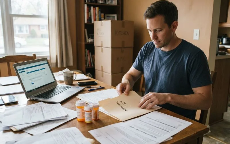 A person packing moving boxes alongside a folder of medical records and prescriptions