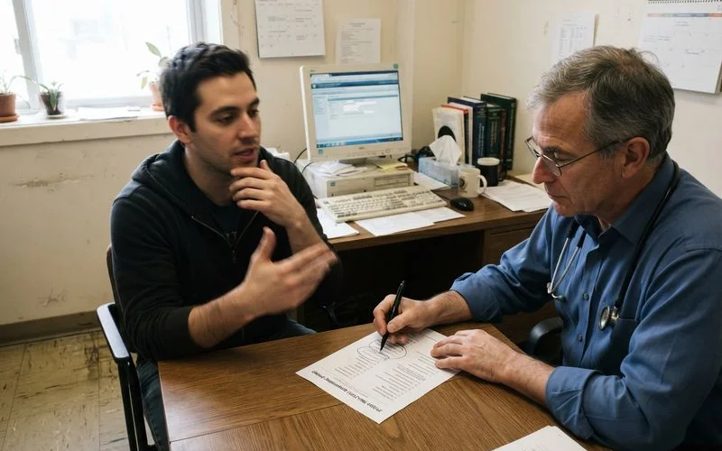 A man reviewing a symptom checklist during a conversation with a healthcare provider