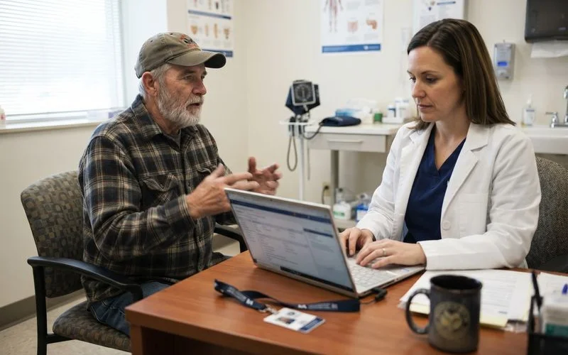 A veteran discussing treatment options with a VA healthcare provider in a clinic setting